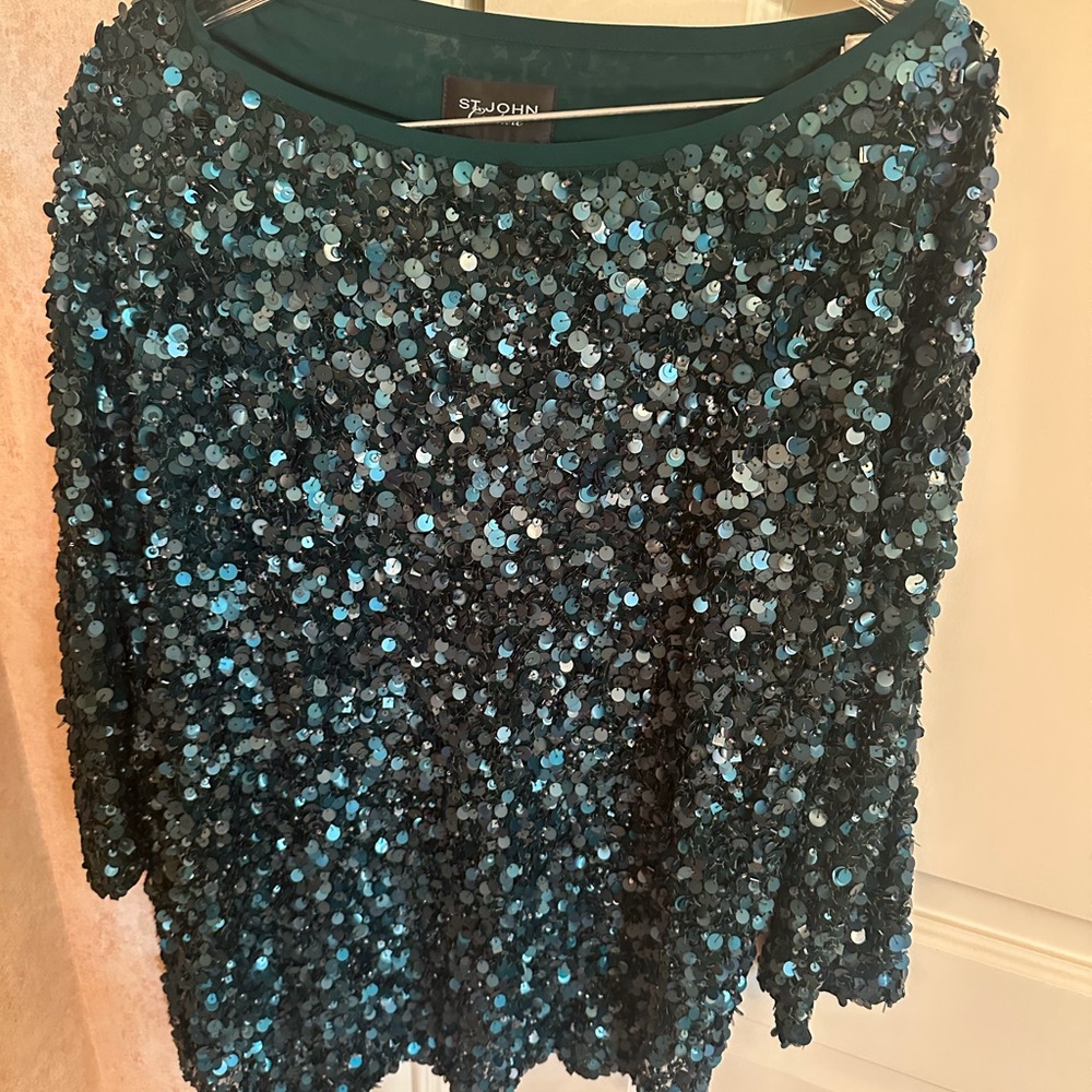 St. John Teal Sequin Asymmetrical Top - Picture 3 of 5